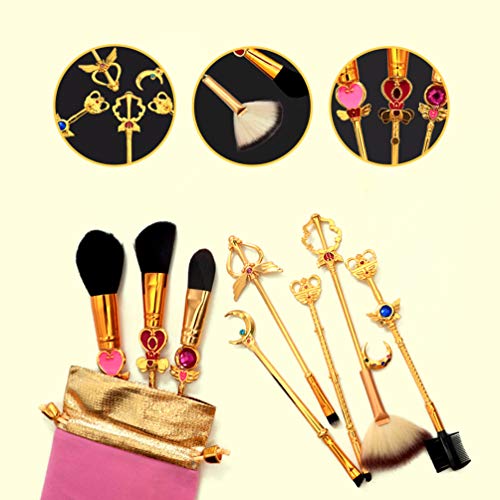 Brush de maquiagem de Sailormoon com bolsa - pincéis cosméticos de ouro rosa com gemas salilentoon
