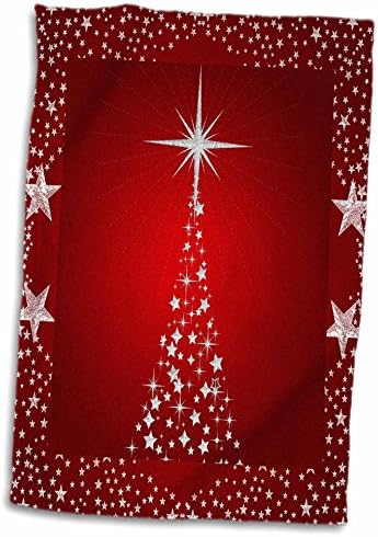 Árvore de Natal de Estrela de Estrela de Prata 3drose com Holiday Red Background Toalha, 15 x 22, multicolor