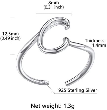 Silvercute S925 Anéis iniciais, tamanho ajustável 6-12 Declaração Letra do alfabetismo A-Z Jóias de joias personalizadas