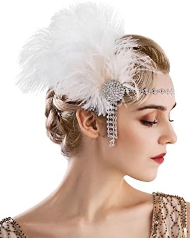 Sweetv Flapper Faixa da cabeça dos anos 1920s Rodando os anos 20s Rhinestone Feather Great Gatsby Capacete acessórios de cabelo