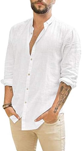 MAKKROM BUTTO CASual masculino Camisas de linho de algodão de manga longa colar