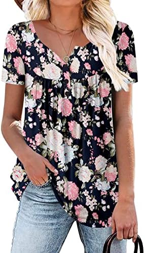 Tops estampados florais femininos de manga curta V camisa de túnica de pescoço plissado Blusa de blusa flowy top de verão casual botão