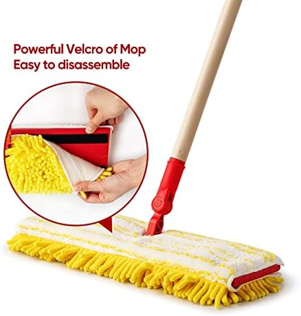 MOP de poeira doméstica de limpeza com alça longa de 45,28 de extensão, chenille e listras microfiber 2 em 1 lavagem lavável almofadas