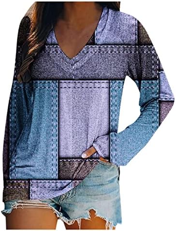 Blusas de manga comprida para mulheres v pescoço geométrico de túnica gráfica geométrica tee mola bloco de cores casual