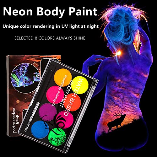 Paleta de tinta corporal do rosto de neon, brilho UV na tinta do rosto escuro, uv Blacklight Fun Makeup 8 Cores Kit de pintura de rosto