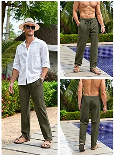 Calça de linho de gafeng masculino yoga praia solta fit casual verão cintura prateleira calça folga com bolsos