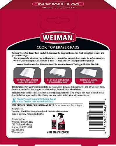 Weiman Cooktop Eraser Pads - 2 pacote - não arranhões - elevadores, lenços e remove o mais difícil queimado em comida - 20 almofadas
