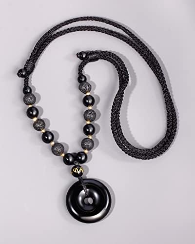 Xhuuu Feng Shui Obsidiana negra/lava colares de rocha para mulheres e homens difusor de óleo essencial Paze de fivela