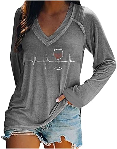 Camisas de rhinestine para mulheres de caça de vinhos brilhantes de vidro brilhante Camiseta Vshirt VShirt V Neck Holida