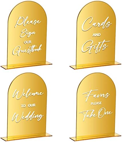 4 PCs Arch Acrílico Sinais de recepção de casamento com presentes de ouro e placas de cartas com o suporte Arqueado Round Top