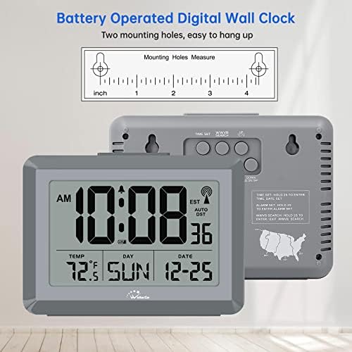 Wallarge Relógio Atômico com temperatura e data - Auto -configuração da bateria de relógio de parede digital operado,