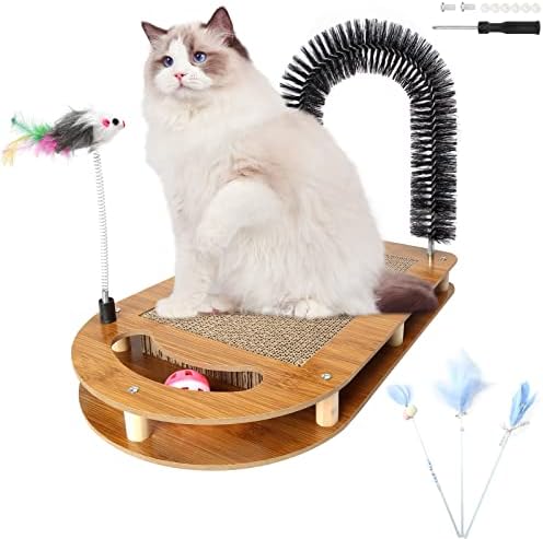 Groomer de gato para gatos internos, tábua de arranhão 5 em 1 gato e arco de gato, almofada de raspadinha de papelão com bola,