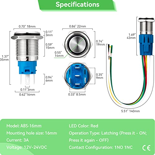 Jandeccn 3 pacote de push de 16 mm interruptor com luz indicadora de LED, interruptor de travamento de auto-bloqueio ligado para