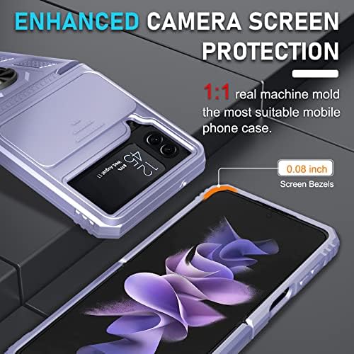 Janmitta Samsung Galaxy Z Flip 4 Caixa embutida na capa da lente da câmera deslizante+Proteção da dobradiça+anel de dedo estável
