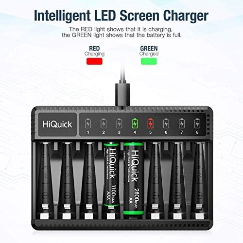 Hiquick 8 Bay Smart Battery Charger com 8 baterias AA AA + 8 pacote AA