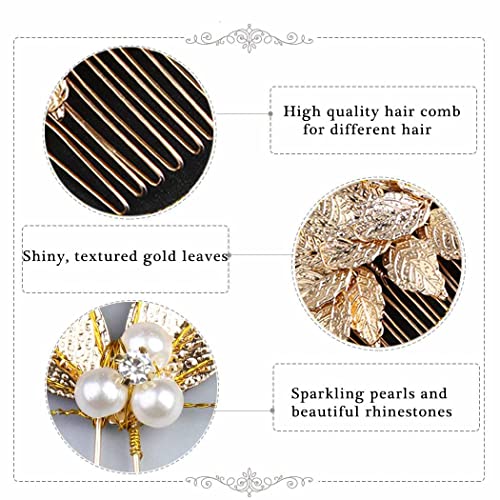 4 Pacote acessórios de cabelo de ouro para mulheres, folhas elegantes de noiva pente lateral de cabelo + Capacete de cabelo