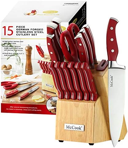 MC24 15 peças Faca de aço inoxidável Conjuntos de faca com apontador embutido, RED + MCW11 Bambu Cutting Boards de 4 + McCook
