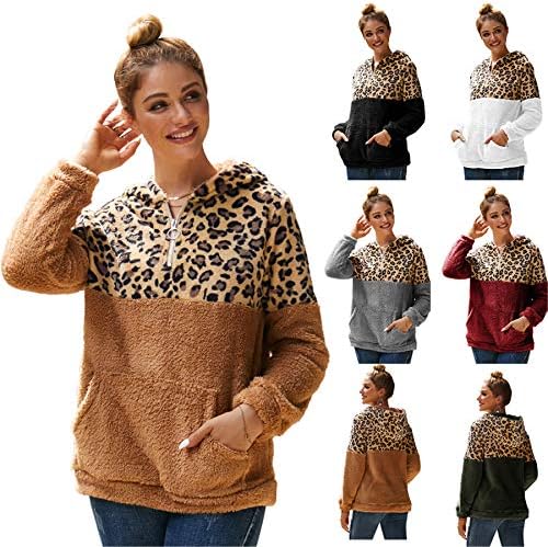 ANDONGNYWELL Damas estampas de leopardo com dupla fachada de lã de lã com capuz suéter de suéter de suéter superior camiseta