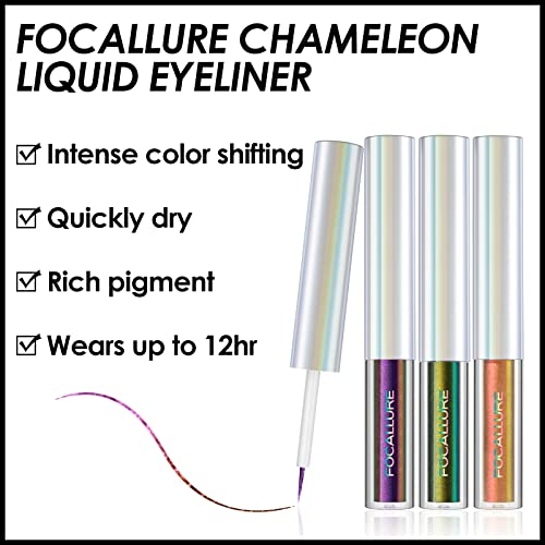 Focalle Chameleon Liquid Eyeliner, caneta de delineador de mudança de cor, acabamento multi-reflexivo metálico, impermeável,