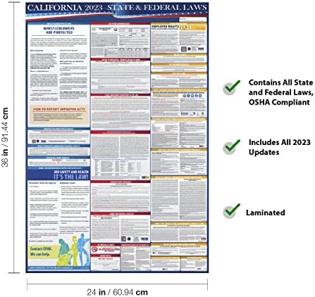 2023 Poster das leis trabalhistas estaduais e federais da Califórnia - Compatível de Workplace OSHA 24 x 36 - tudo em uma postagem
