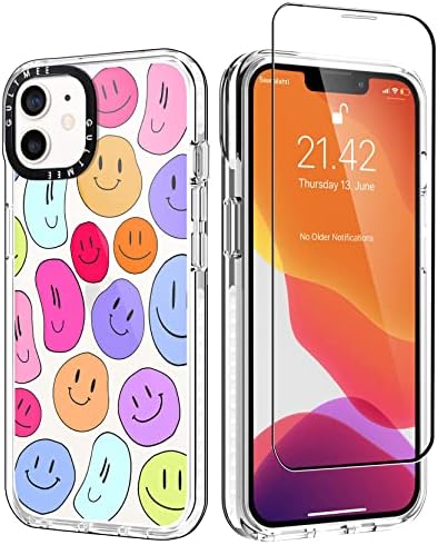 GultMee para iPhone 12 Case e iPhone 12 Pro Case 6.1 polegadas com 1 protetor de tela, Rainbow Smiles Face Print Slim Design