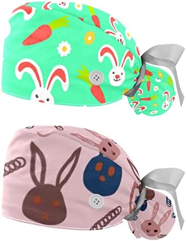 2 pacotes Rabbit Cenout Nurse Scrub Caps Cabelos longos, cabelos longos, tampa ajustável para trás, tampa de cabeça de um tamanho