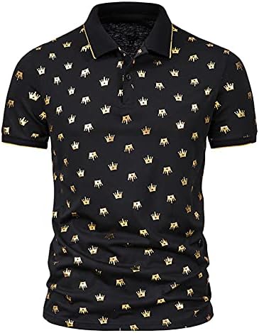 Crown Pattern Polo-Shirt para homens, botões de manga curta casual camisetas camisetas de gola virada para colarinho projetado
