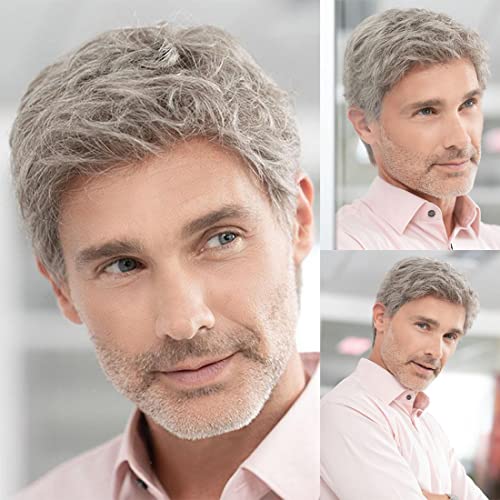 Sallcks masculinos curtos peruca cinza camadas naturais figurões de halloween perucas de reposição de cabelo resistente ao