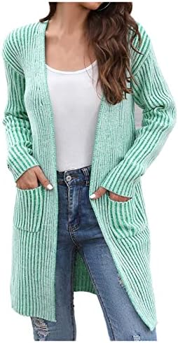 Camisolas para mulheres abertas de manga longa com nervuras de malha de malha casual casual de suéter de cor sólida