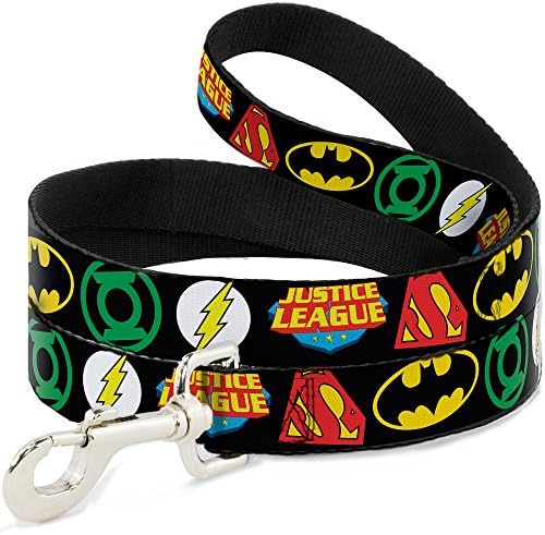 Logos de super -heróis da Liga de Justiça de Dog Leash fecham preto 6 pés de comprimento 0,5 polegadas de largura