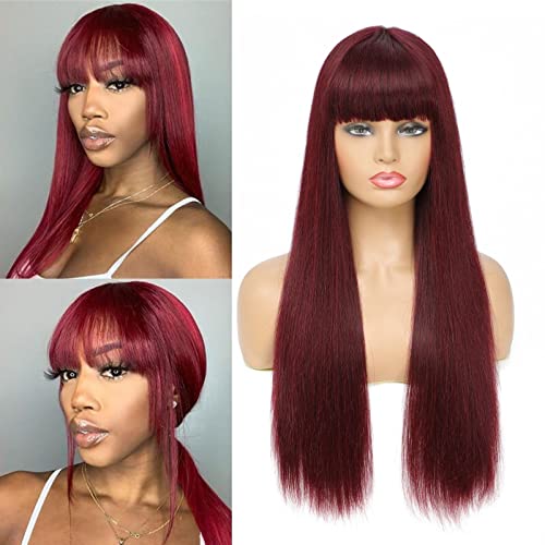Remy Hair Bang Wig Human Human, peruca Borgonha com franja para mulheres negras Cabelo humano, peruca vermelha peruca