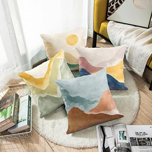 Emvency Boho Conjunto de 4 arremolas capas de travesseiros de meados do século Bohemian Paisagem Mountain Sunset Modern Abstract