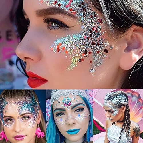 MEICOLY Pink Body Glitter, Singer Concerts Face glitter Gel, Sereia lantejoulas holográficas líquidas, Face Hair Music Festival