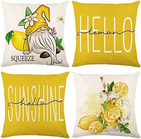 Capas de travesseiro de limão de verão Boomsea 18x18 polegadas 4 Pacote de aquarela gnomo hello sol suco de limão amarelo e bege