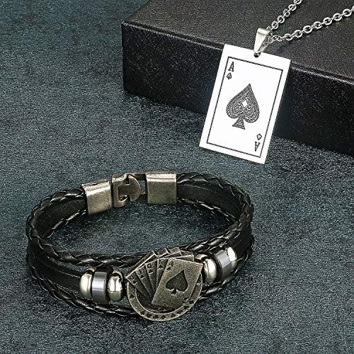 ARONCENT 2 PCS Ace de aço inoxidável Ace de espadas colar de couro trançado Bracelete legal poker judeu Definir pulseiras