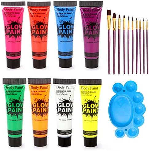 Joyeee UV Face Paint Kit, brilho no conjunto de tinta escura de 8 tubos com pincéis novos neon fluorescentes face pintando água