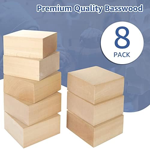 Dirbuy 8 pcs grandes blocos de basswood para escultura e artesanato - sinais de madeira DIY de 4x4x2 polegadas - ideal para