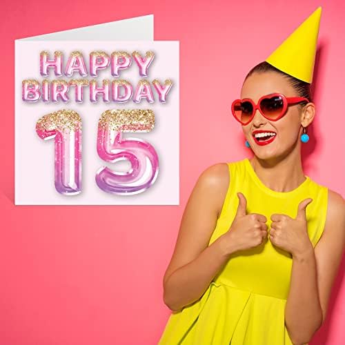 Cartão de 15º aniversário para meninas - balões de brilho rosa e roxo - cartões de feliz aniversário para a filha de