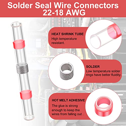 HOTOP 500 peças 22-18 AWG conectores de fio de vedação de solda vermelha AWG Terminais elétricos de bunda marítima à prova d'água
