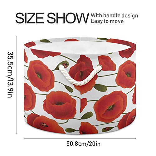 Grande cesta de armazenamento redondo - Red Poppy Flower Canvas Organizador de Bin Bin Storage Storage para decoração em casa