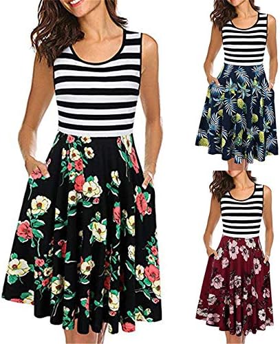 Andongnywell Women Floral Floral Flored Swing Casual Party Vestres com bolsos