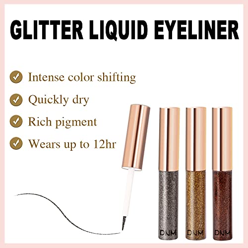 DNM 3PCS Liquid Glitter Gold Deliner Set Delineadores de Coloros Para Ojos OJOS brilhante brilho metálico brilho escuro marrom marrom