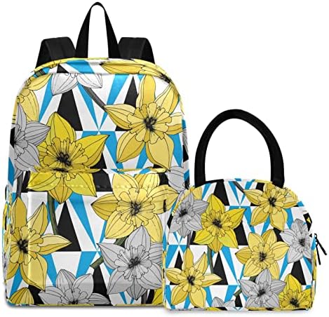 Lunchagem de mochila suabo Conjunto para adolescentes, mochila leves de flores amarelas com lancheira para meninos da