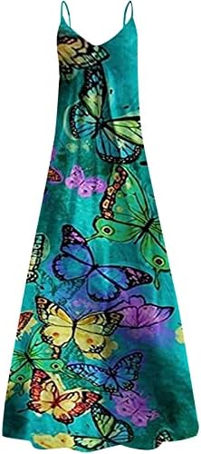 Vestidos de verão femininos vestido maxi estampado de borboleta para mulheres V Spaghetti Strap casual Long Long Sundress