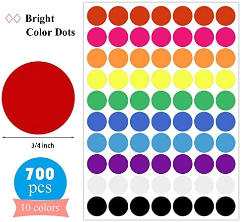 700 PCs Adesivos de ponto 3/4 de polegada Rótulos de codificação de cores Retorros de ponto colorido redondo, 10 Rótulo de codificação
