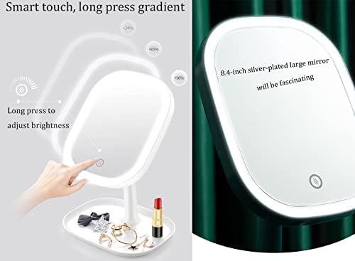 Espelho de maquiagem LED DSFEN, USB Recarregável - Espelho de vaidade de mesa iluminado, 3 modos de cores, espelho independente