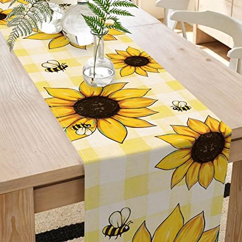 Seliem Spring Sunflower Floral Flowers Table Runner, Buffalo amarelo Decoração de mesa de jantar de cozinha de búfalo de