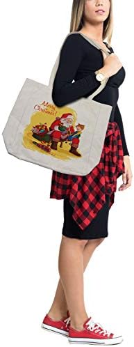 Bolsa de compras de Natal de Ambesonne, Little sentado no joelho de Santa com boneca de presentes e design de trem de brinquedos,