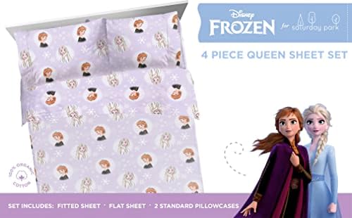 Sábado Park Disney Frozen Florcelor Queen Sheet - 4 peças folhas de algodão orgânica feates Elsa & Anna - Gots & Oeko -Tex