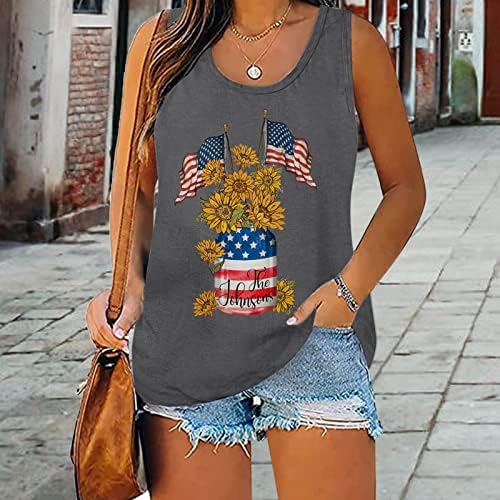4 de julho Tampo de tanques para mulheres sem mangas camisa de pescoço American Flag Stripe